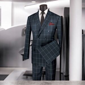 MEN'S VINCI 2 PIECE MODERN FIT WINDOWPANE DOUBLE BREASTED SUIT. MDW-1 BLACK.